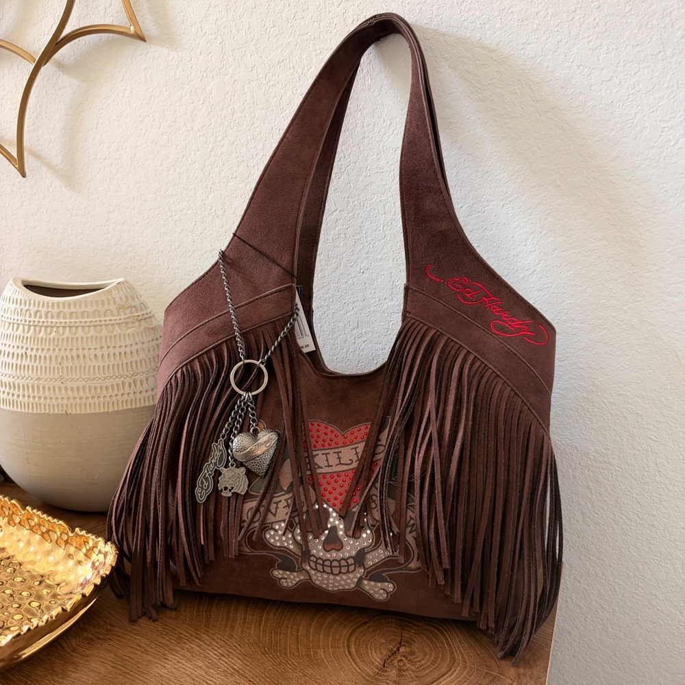 Ed Hardy Love Kills Slowly Fringe Hobo Bag Chocolate Brown Rhinestone EHH473A